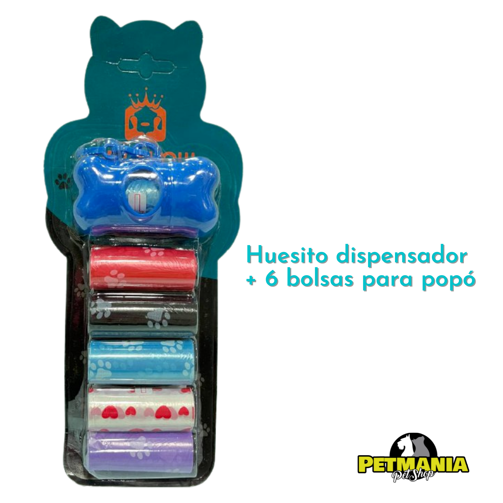 DISPENSADOR HUESITO AZUL + 6 rollos de bolsas para popó